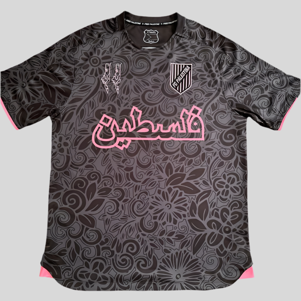 Camiseta Palestina Fútbol 2025 negra y rosa